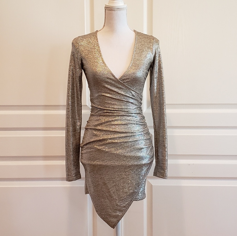 Blanc Gold Bodycon Asymmetrical Ruched Dress